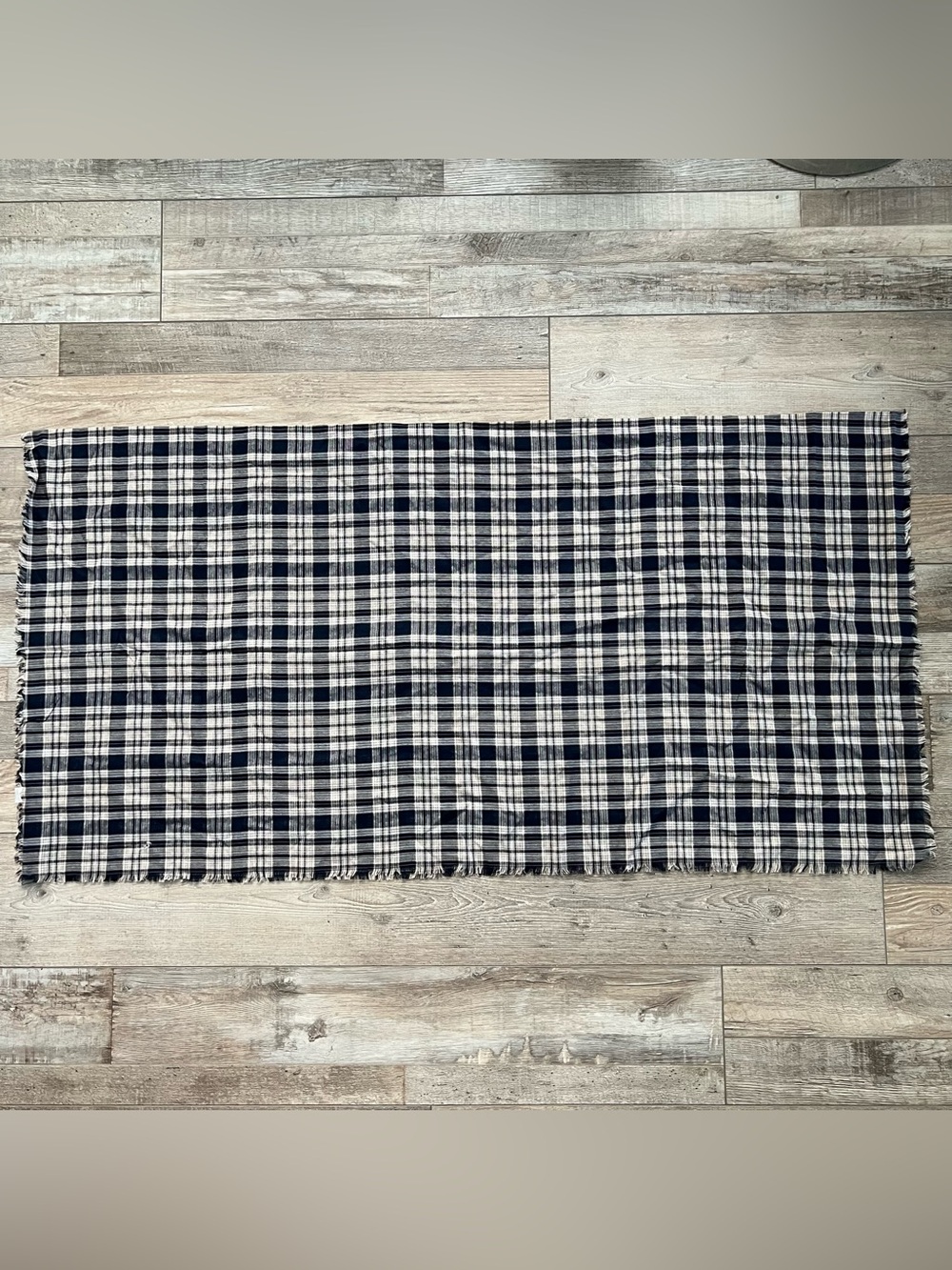 Navy Blue and Cream Plaid Blanket Scarf with Fringe Edge